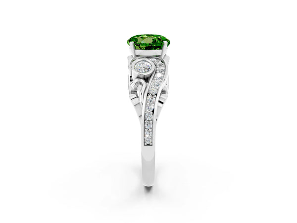 Silver Round Cut Peridot Solitaire Ring with Milgrain Pavé Band and Four-Prong Setting