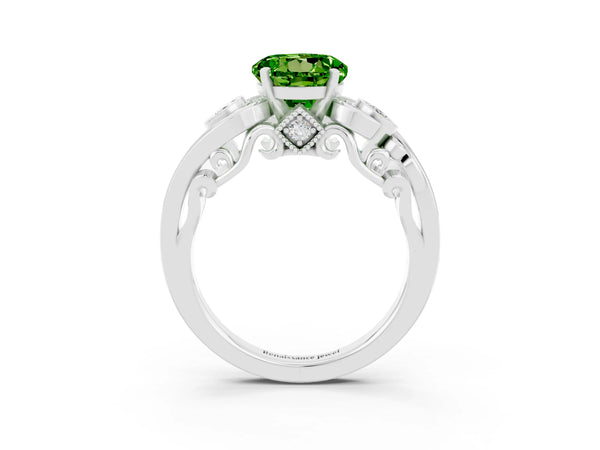 Silver Round Cut Peridot Solitaire Ring with Milgrain Pavé Band and Four-Prong Setting