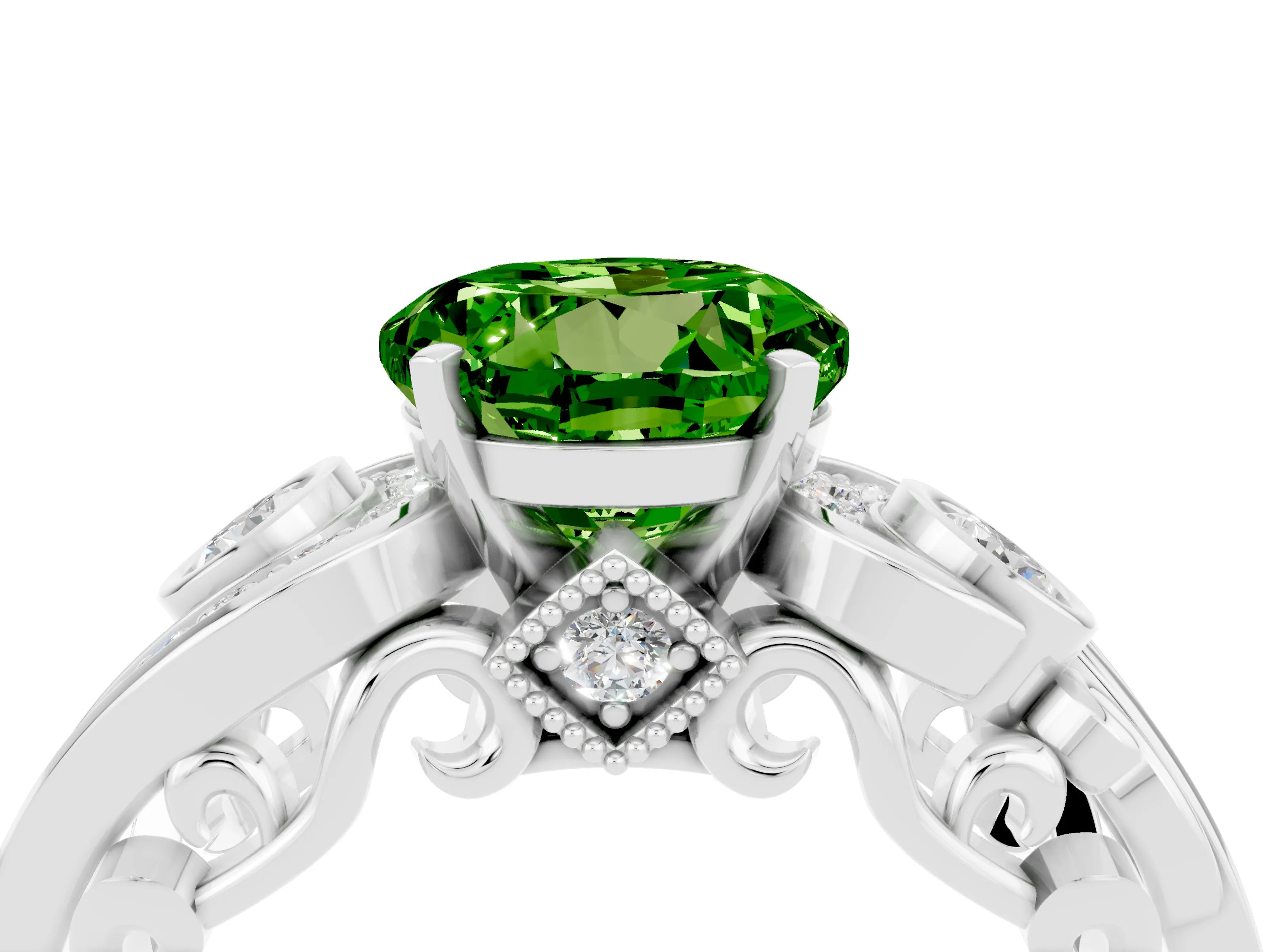 White gold Round Cut Peridot Solitaire Ring with Milgrain Pavé Band and Four-Prong Setting_16