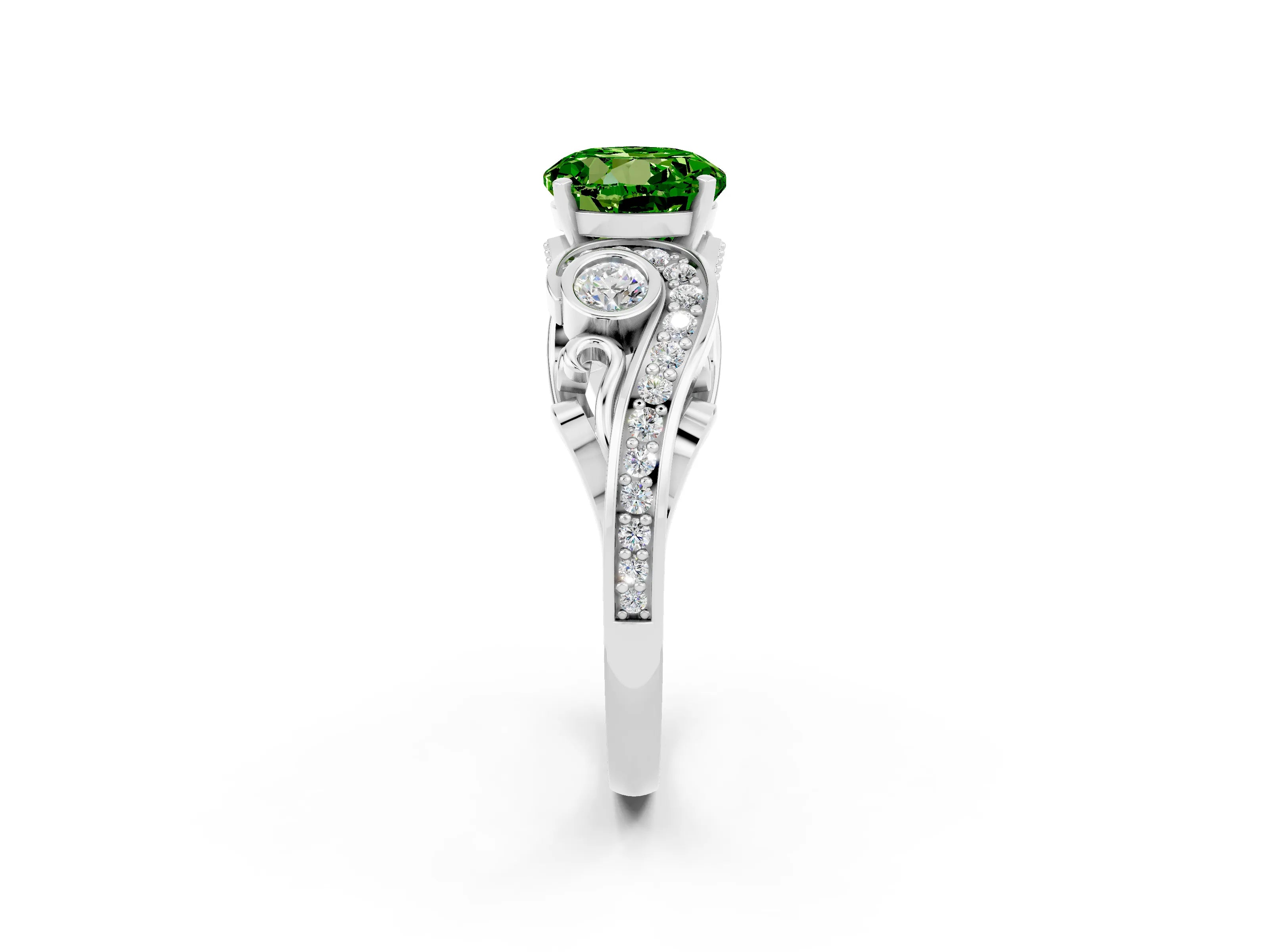White gold Round Cut Peridot Solitaire Ring with Milgrain Pavé Band and Four-Prong Setting_50