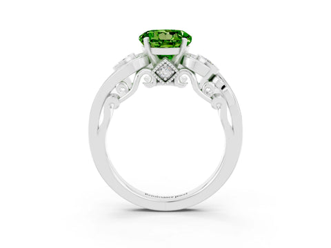 White gold Round Cut Peridot Solitaire Ring with Milgrain Pavé Band and Four-Prong Setting_51
