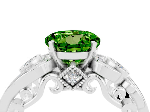 White gold Round Cut Peridot Solitaire Ring with Milgrain Pavé Band and Four-Prong Setting_52
