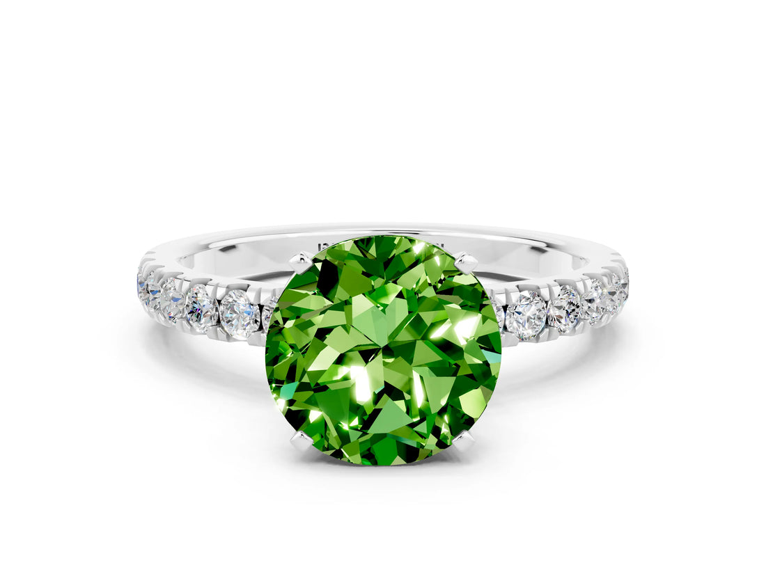 White gold Round Cut Peridot Solitaire Ring with Pavé Accents and Four-Prong Setting