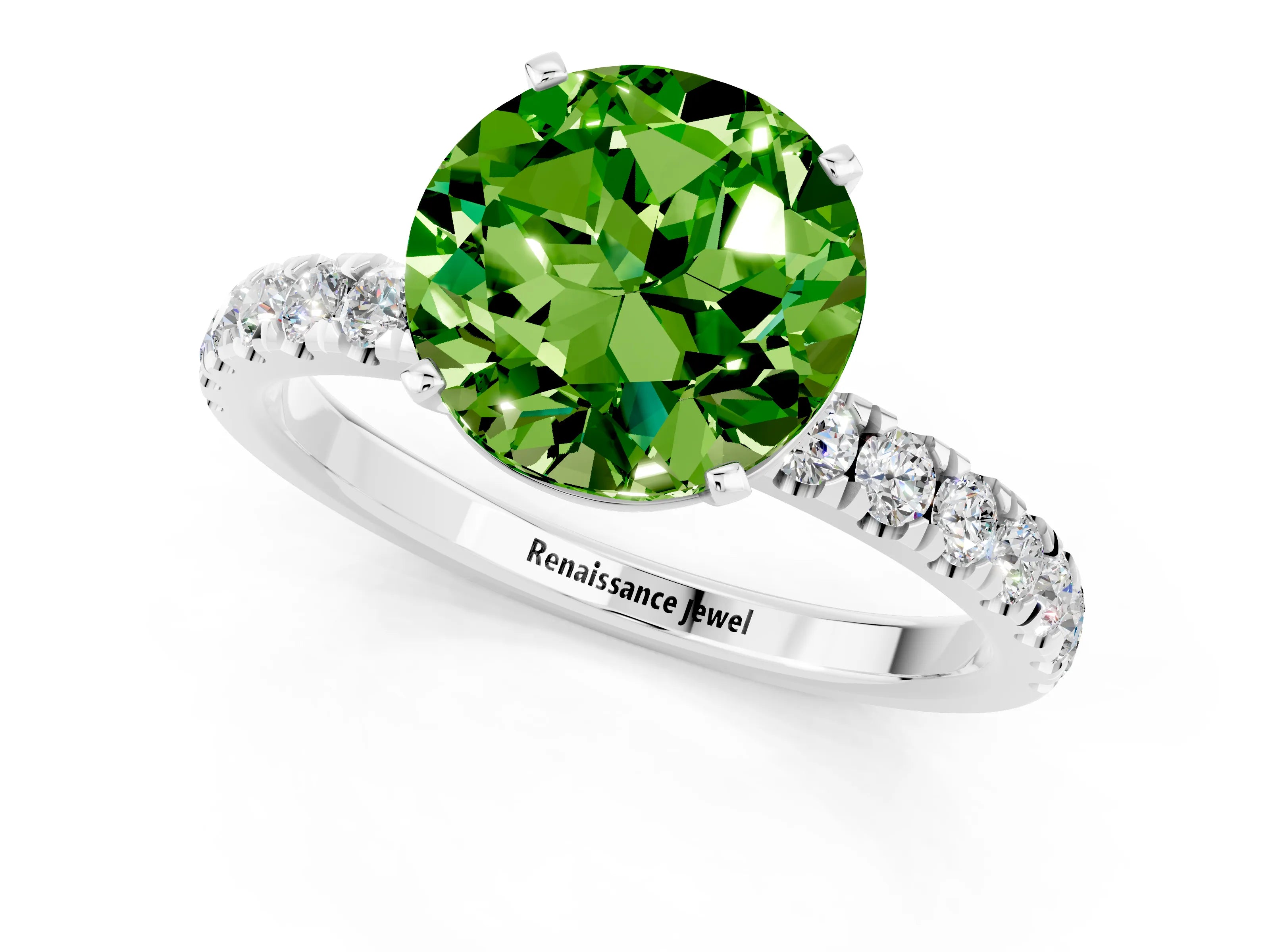 White gold Round Cut Peridot Solitaire Ring with Pavé Accents and Four-Prong Setting_1