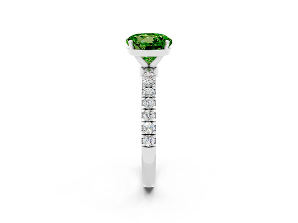 Platinum Round Cut Peridot Solitaire Ring with Pavé Accents and Four-Prong Setting