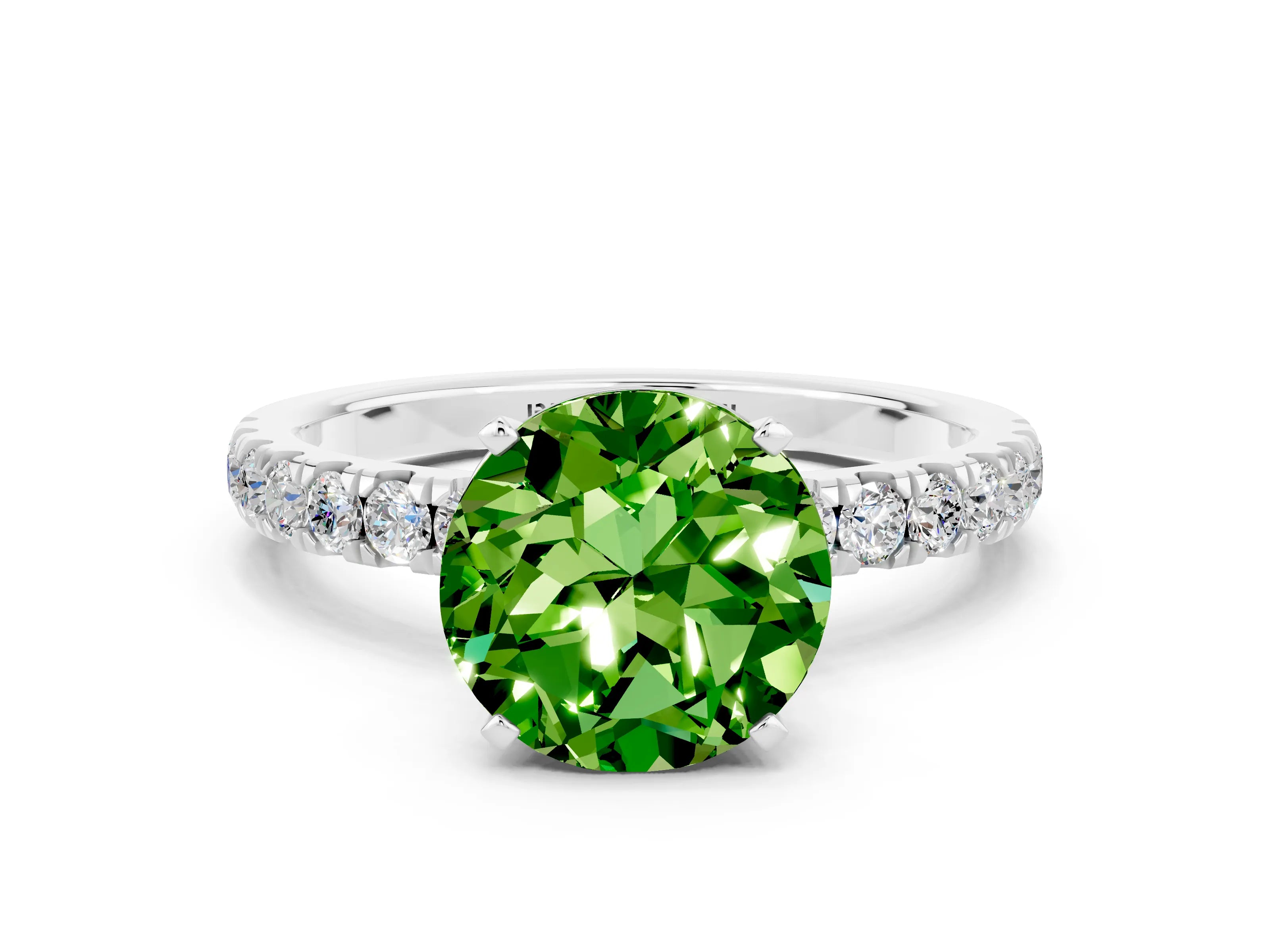 White gold Round Cut Peridot Solitaire Ring with Pavé Accents and Four-Prong Setting