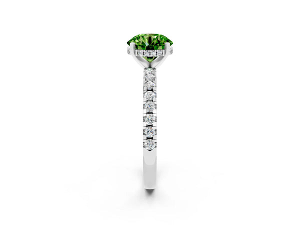 White gold Round Cut Peridot Solitaire Ring with Round  Pavé Band and Four-Prong Setting