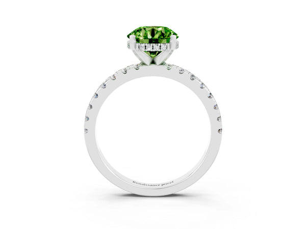 Platinum Round Cut Peridot Solitaire Ring with Round  Pavé Band and Four-Prong Setting