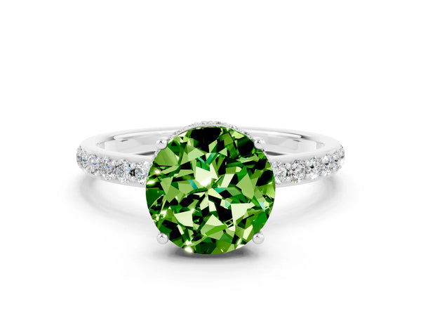 Platinum Round Cut Peridot Solitaire Ring with Pavé Band and Hidden Halo