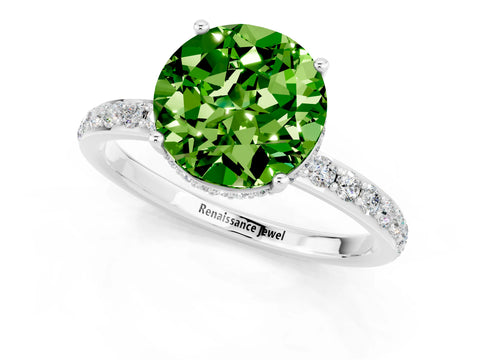 White gold Round Cut Peridot Solitaire Ring with Pavé Band and Hidden Halo_13