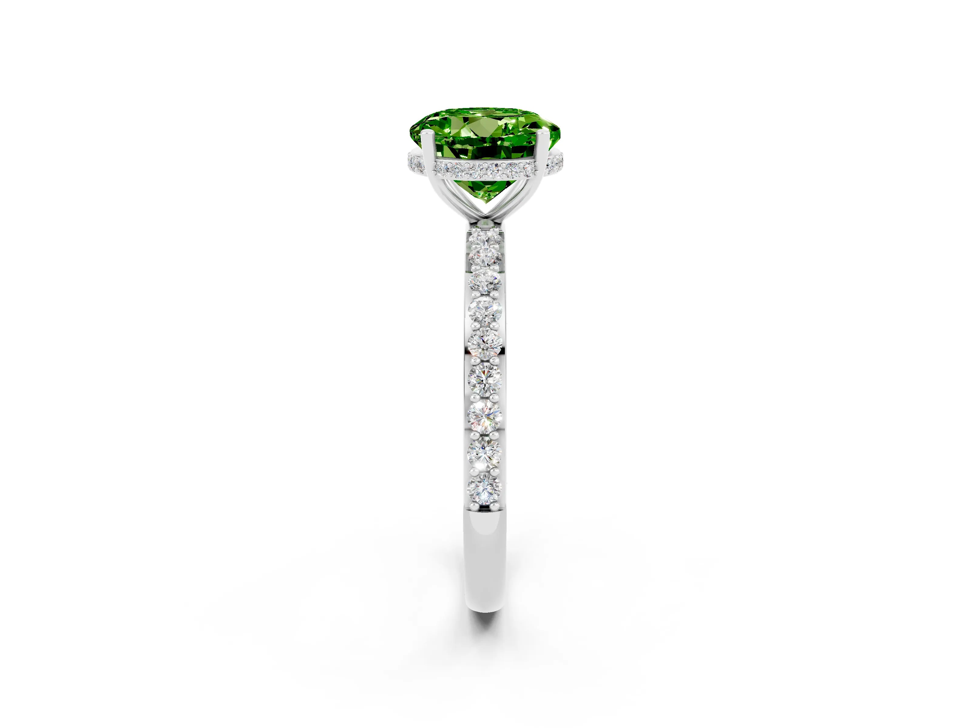 White gold Round Cut Peridot Solitaire Ring with Pavé Band and Hidden Halo_14