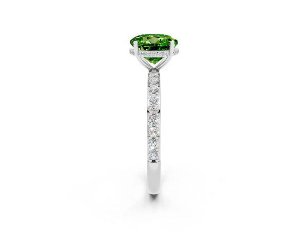Silver Round Cut Peridot Solitaire Ring with Pavé Band and Hidden Halo