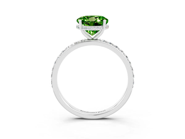 Platinum Round Cut Peridot Solitaire Ring with Pavé Band and Hidden Halo