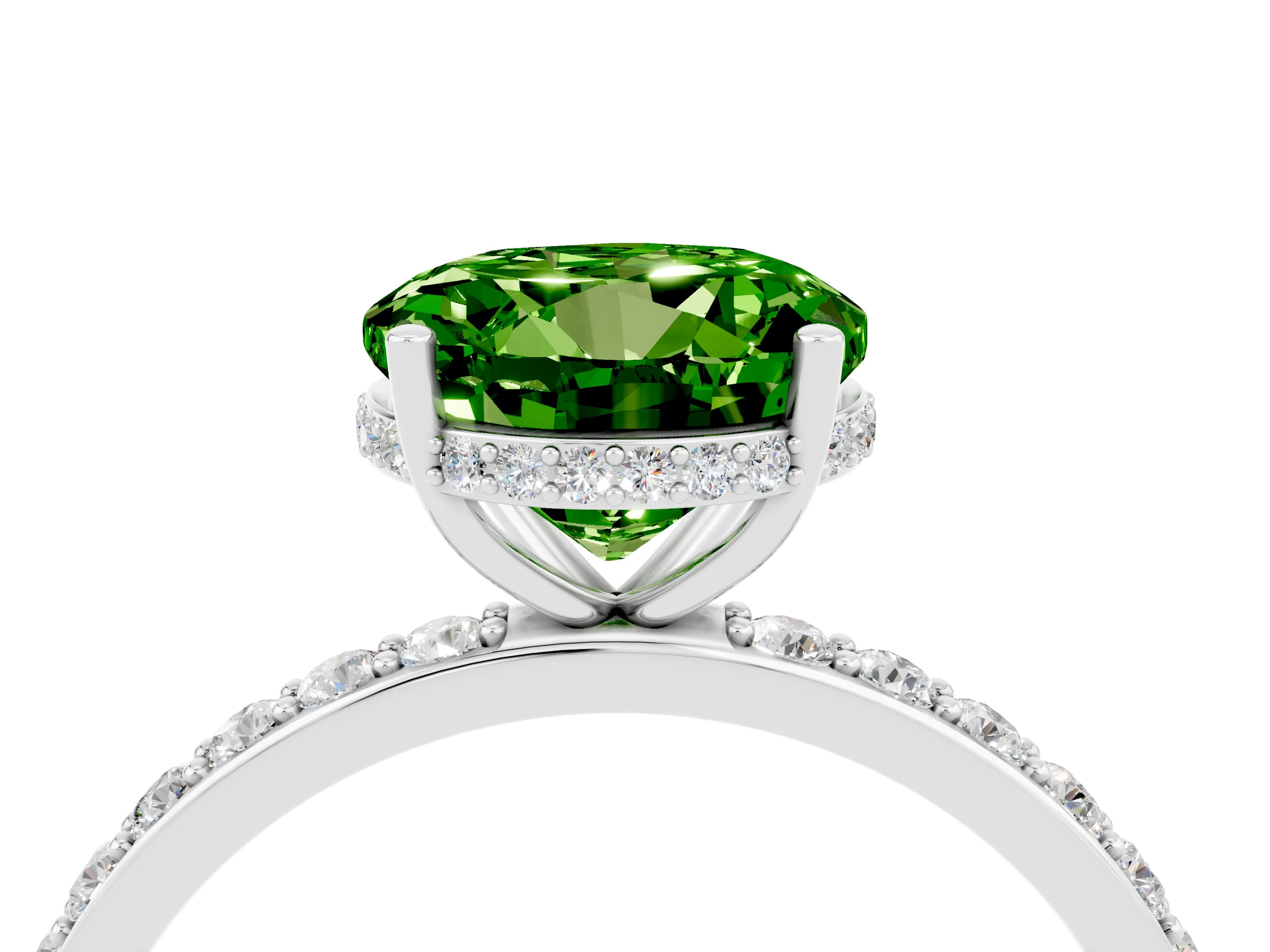 White gold Round Cut Peridot Solitaire Ring with Pavé Band and Hidden Halo_16
