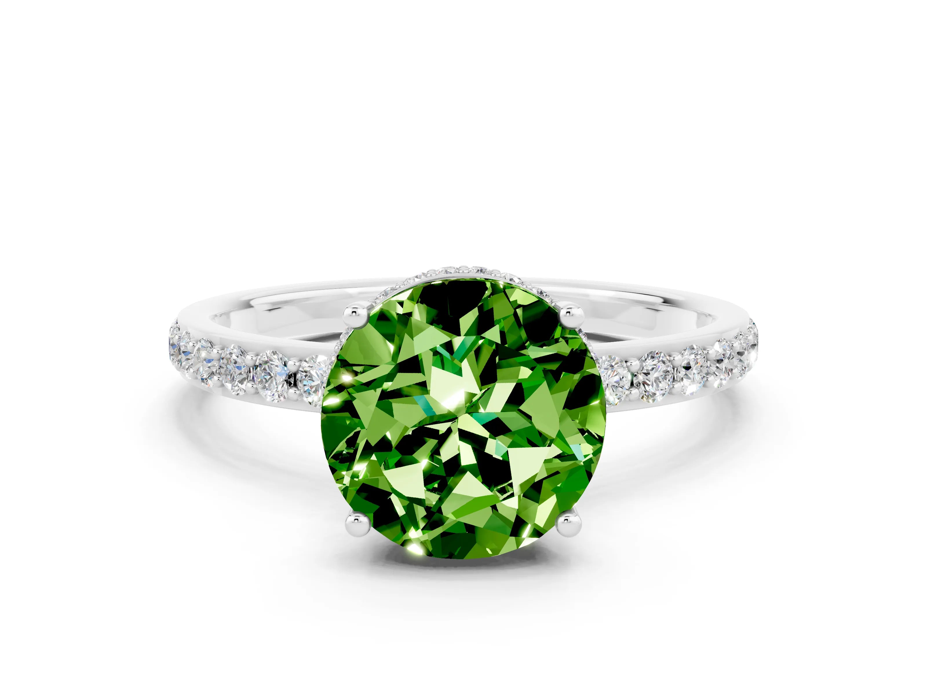 White gold Round Cut Peridot Solitaire Ring with Pavé Band and Hidden Halo_36