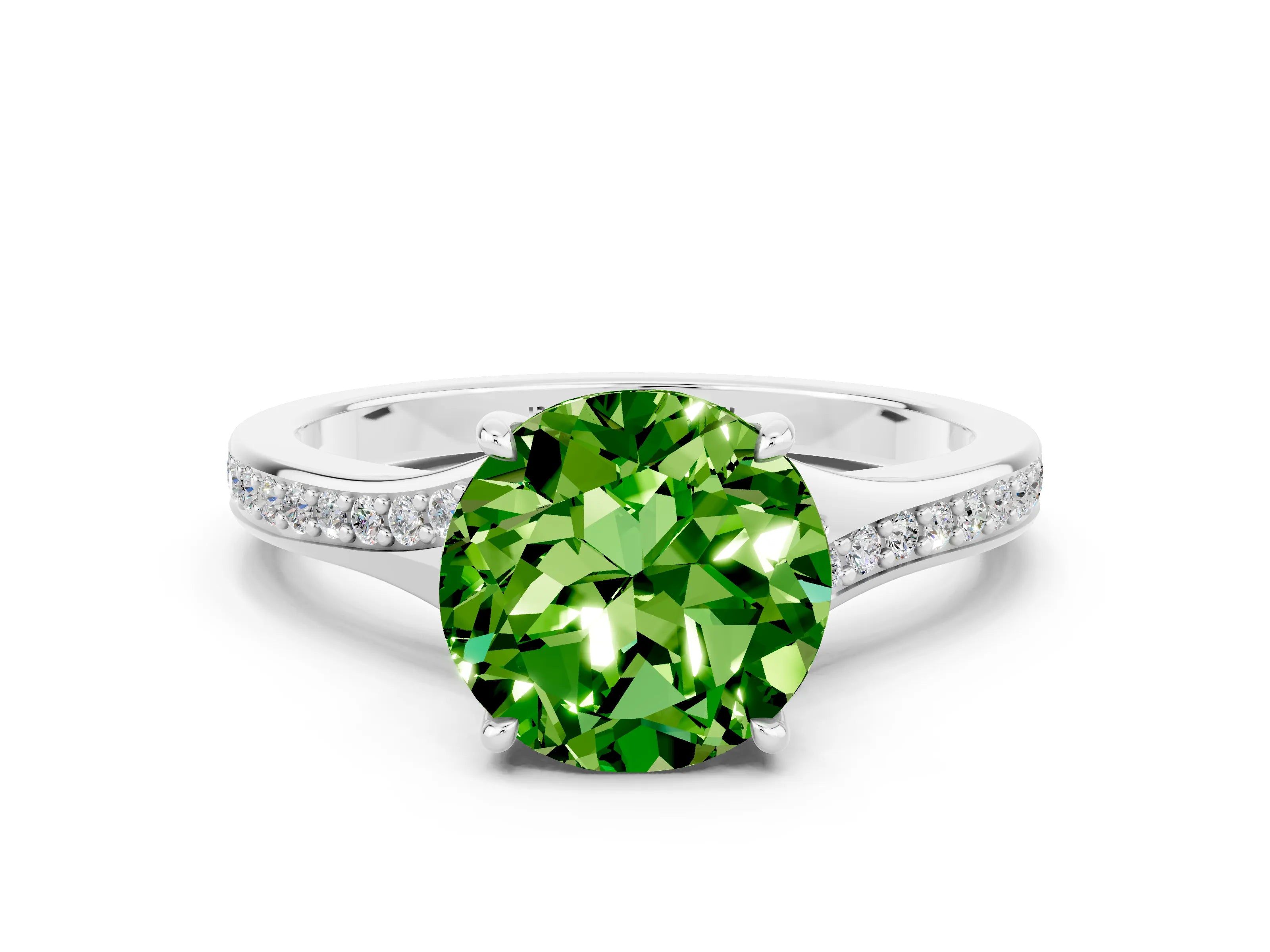 White gold Round Cut Peridot Solitaire Ring with Pavé Band and Prong Setting