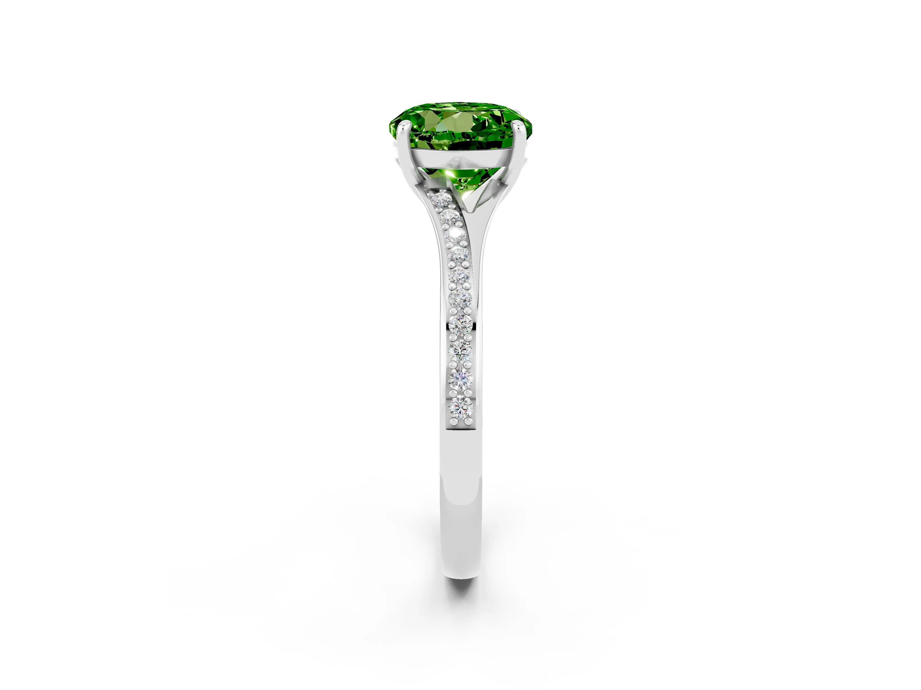 White gold Round Cut Peridot Solitaire Ring with Pavé Band and Prong Setting_2