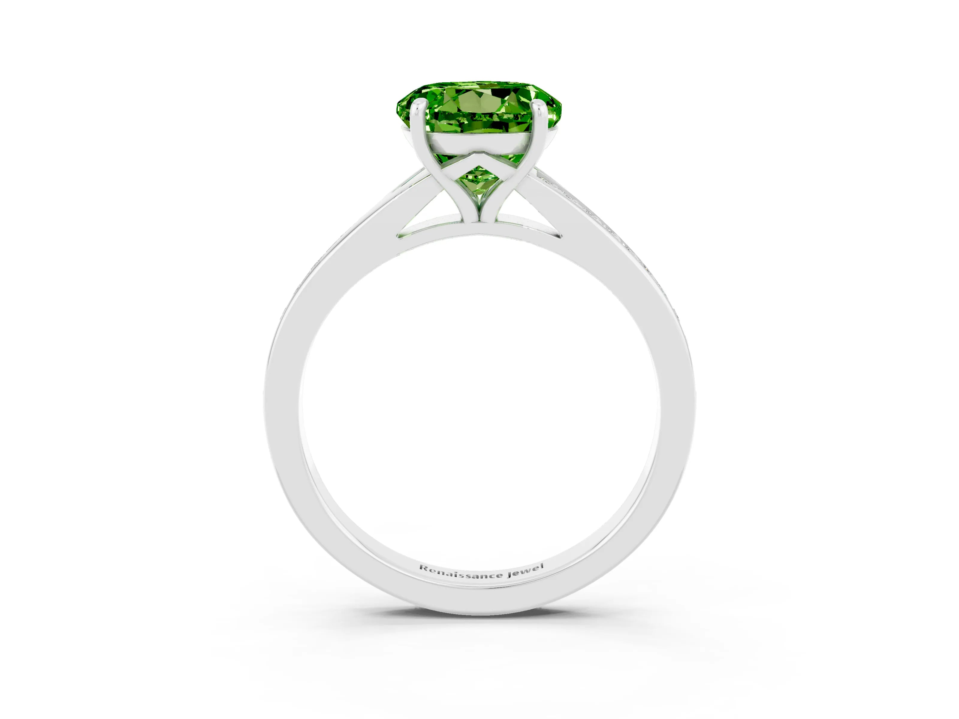 White gold Round Cut Peridot Solitaire Ring with Pavé Band and Prong Setting_3