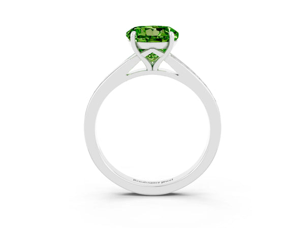 White gold Round Cut Peridot Solitaire Ring with Pavé Band and Prong Setting