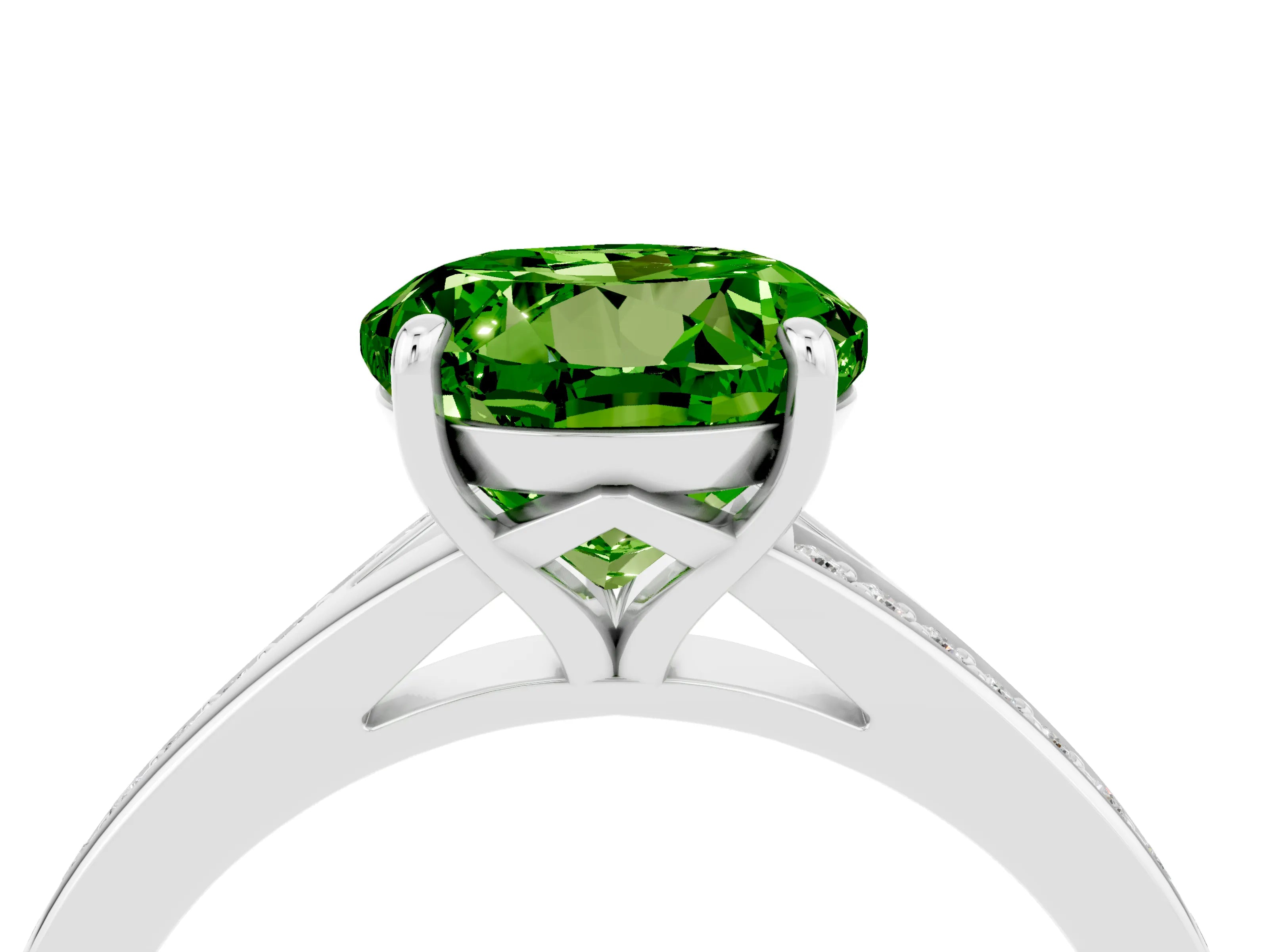 White gold Round Cut Peridot Solitaire Ring with Pavé Band and Prong Setting_4