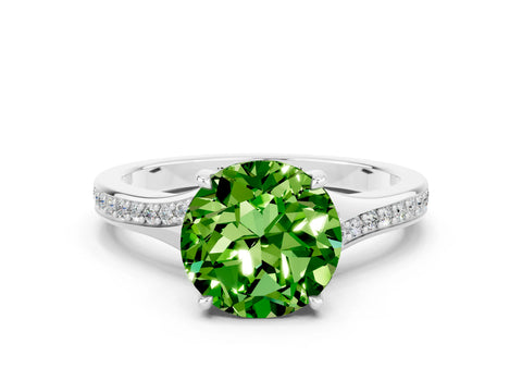 White gold Round Cut Peridot Solitaire Ring with Pavé Band and Prong Setting