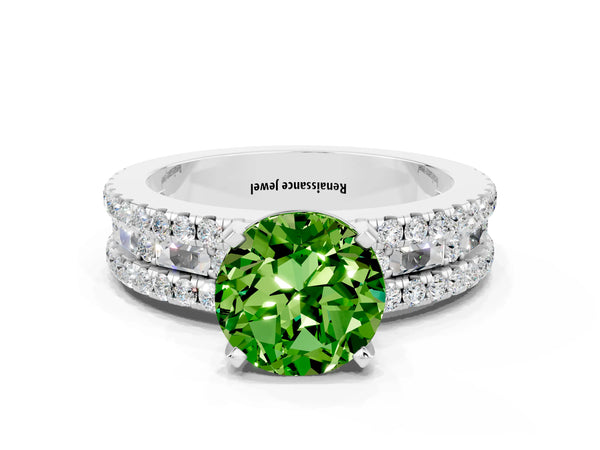 Platinum Round Cut Peridot Solitaire Ring with Pavé and Channel Set Band