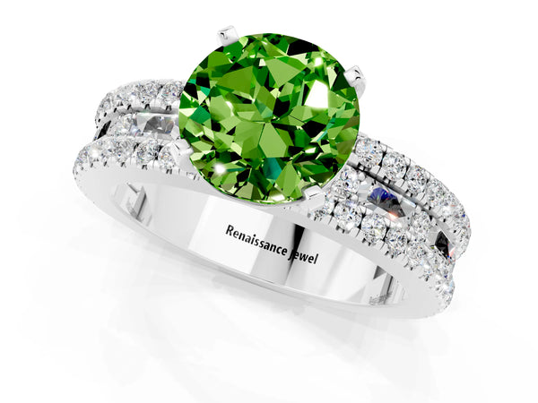 Platinum Round Cut Peridot Solitaire Ring with Pavé and Channel Set Band