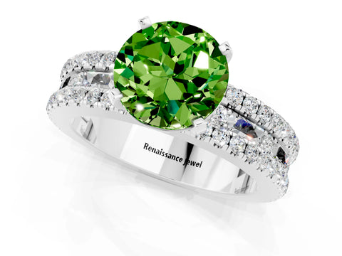 White gold Round Cut Peridot Solitaire Ring with Pavé and Channel Set Band_1