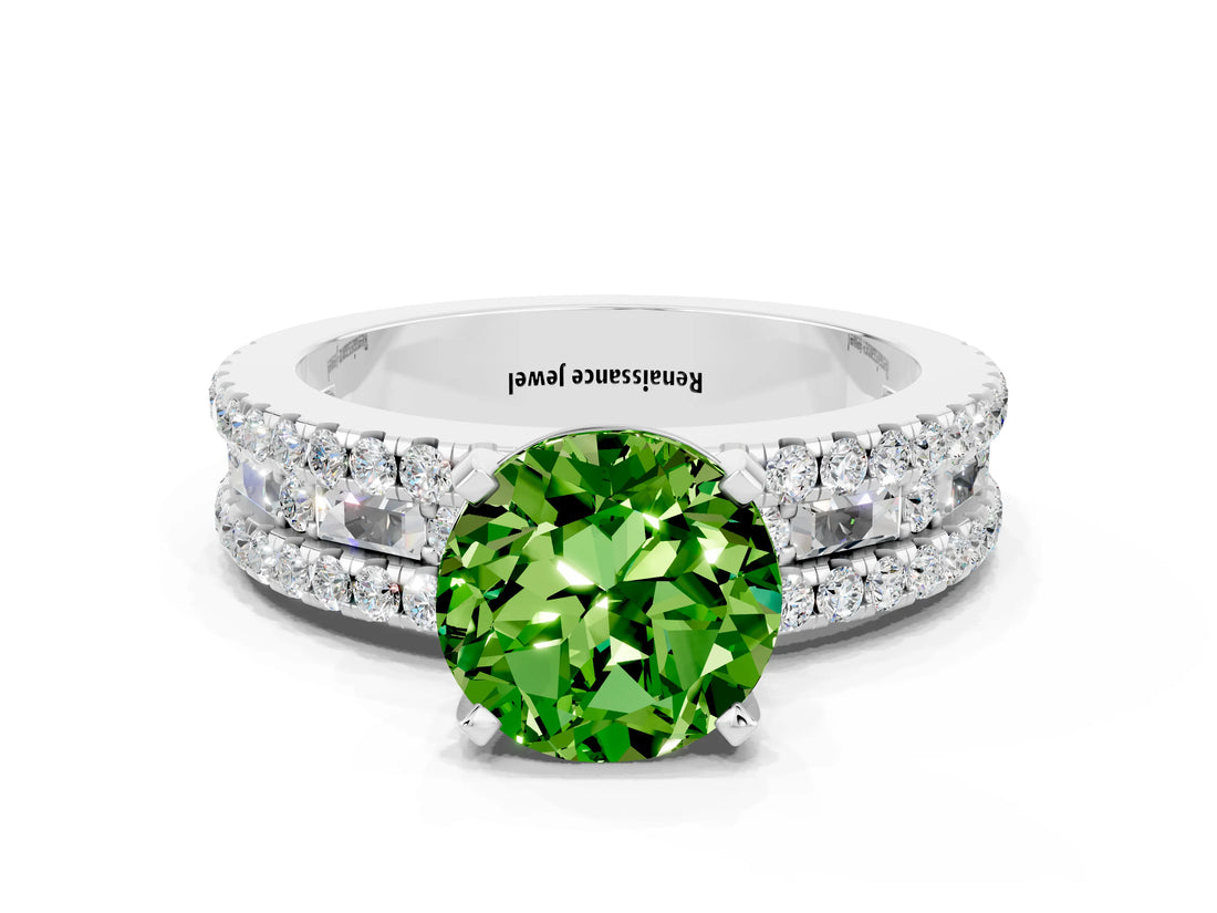 White gold Round Cut Peridot Solitaire Ring with Pavé and Channel Set Band