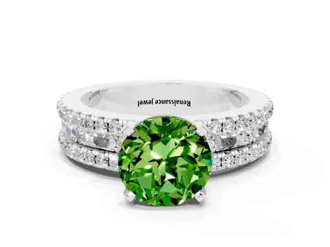 White gold Round Cut Peridot Solitaire Ring with Pavé and Channel Set Band