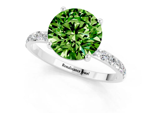 White gold Round Cut Peridot Solitaire Ring with Pave Band and Four Prong Setting_26