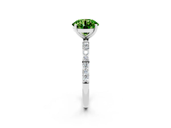 Silver Round Cut Peridot Solitaire Ring with Round  Pavé Band and Prong Setting