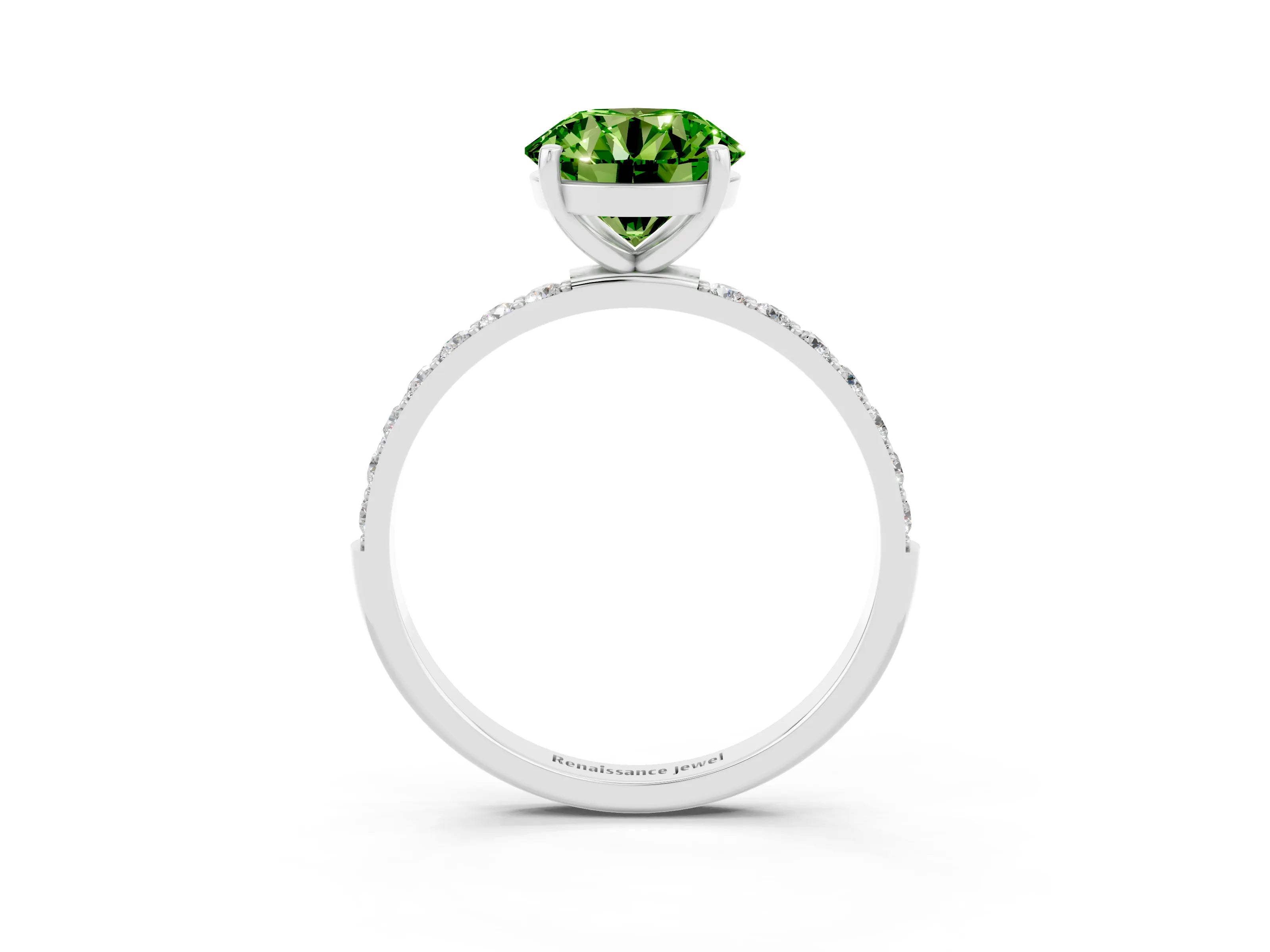 White gold Round Cut Peridot Solitaire Ring with Pave Band and Four Prong Setting_28