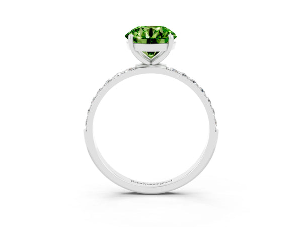 Silver Round Cut Peridot Solitaire Ring with Round  Pavé Band and Prong Setting