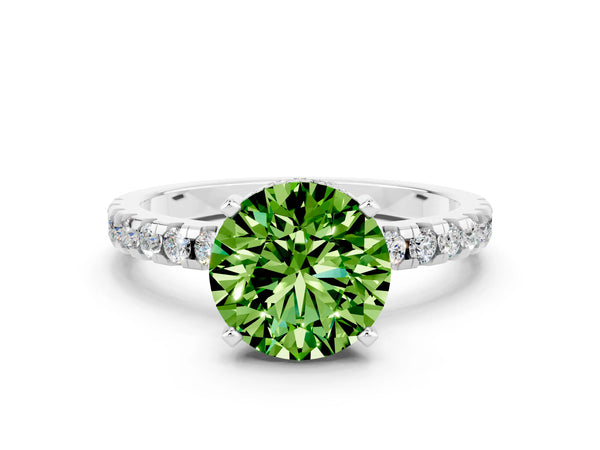 White gold Round Cut Peridot Solitaire Ring with Round  Pavé Band and Four-Prong Setting