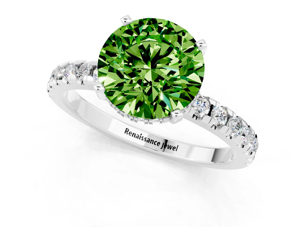 White gold Round Cut Peridot Solitaire Ring with Round  Pavé Band and Four-Prong Setting