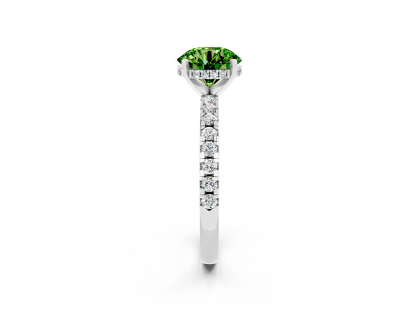 White gold Round Cut Peridot Solitaire Ring with Round  Pavé Band and Four-Prong Setting