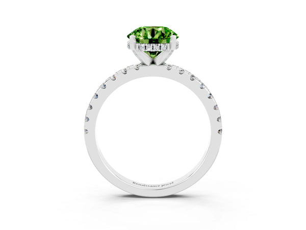 White gold Round Cut Peridot Solitaire Ring with Round  Pavé Band and Four-Prong Setting