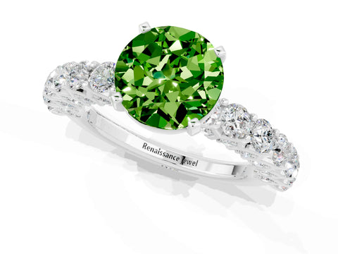 White gold Round Cut Peridot Solitaire Ring with Shared Prong Pavé Band and Four-Prong Setting_1