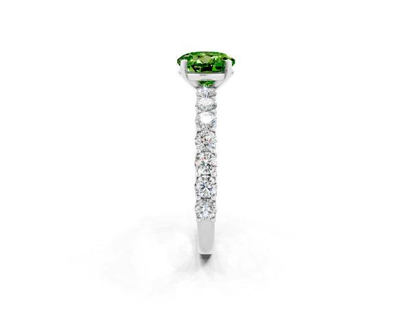 White gold Round Cut Peridot Solitaire Ring with Shared Prong Pavé Band and Four-Prong Setting