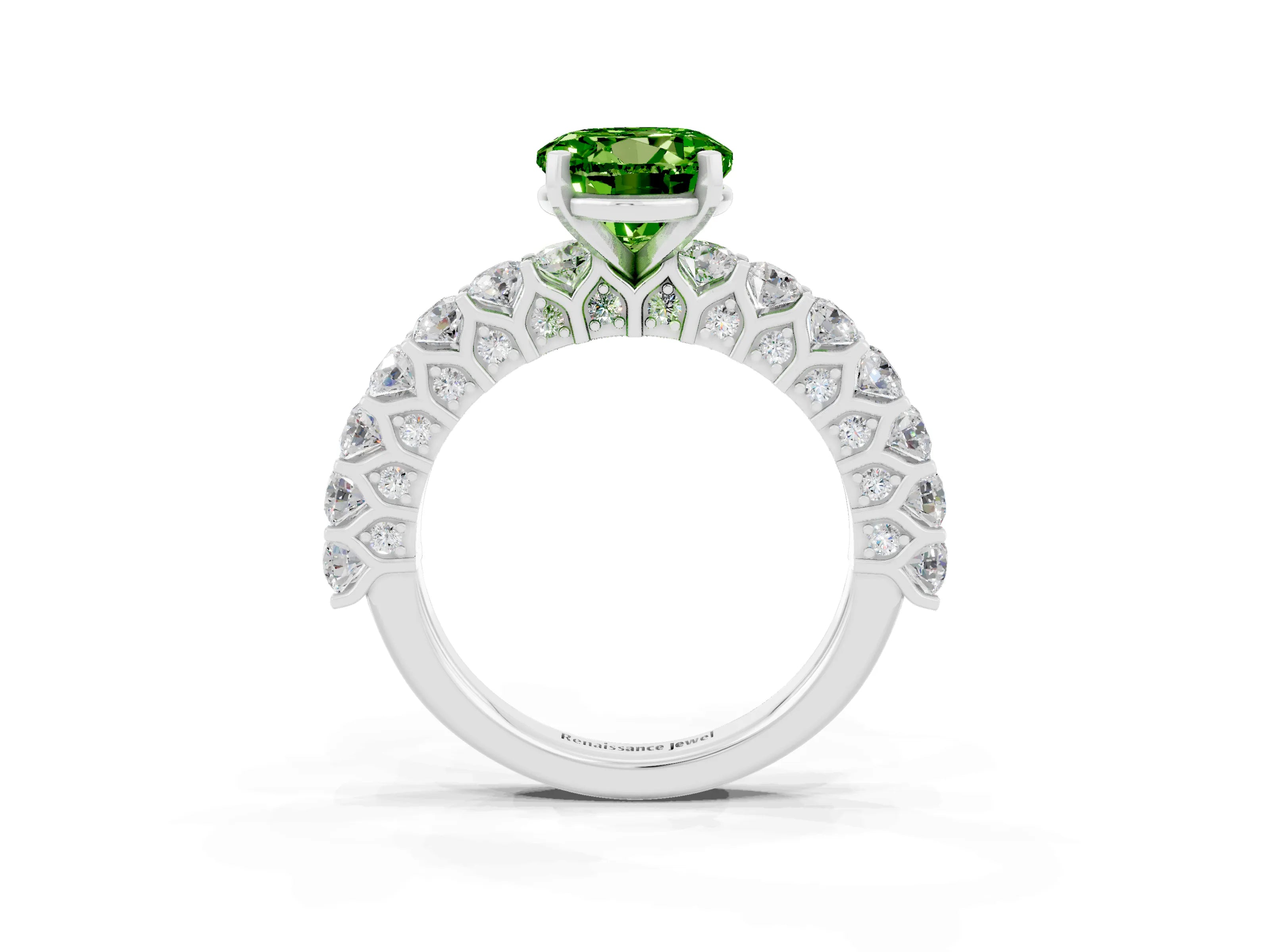 White gold Round Cut Peridot Solitaire Ring with Shared Prong Pavé Band and Four-Prong Setting_3