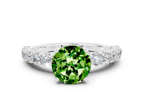 White gold Round Cut Peridot Solitaire Ring with Shared Prong Pavé Band and Four-Prong Setting