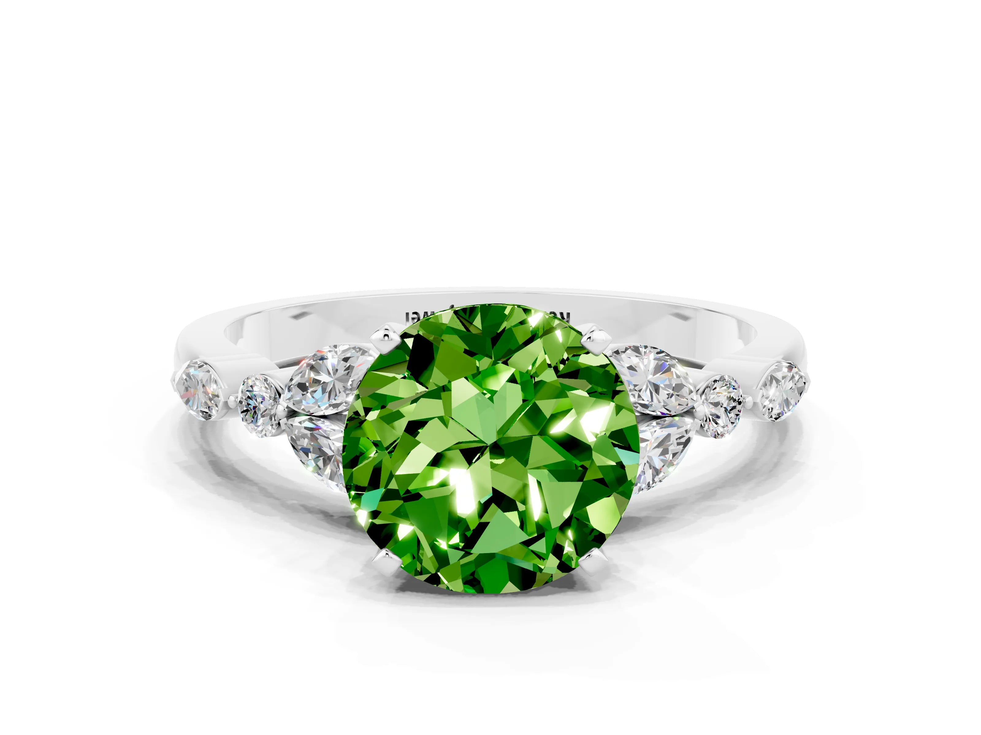 White gold Round Cut Peridot Solitaire Ring with Side Stones and Four-Prong Setting_12