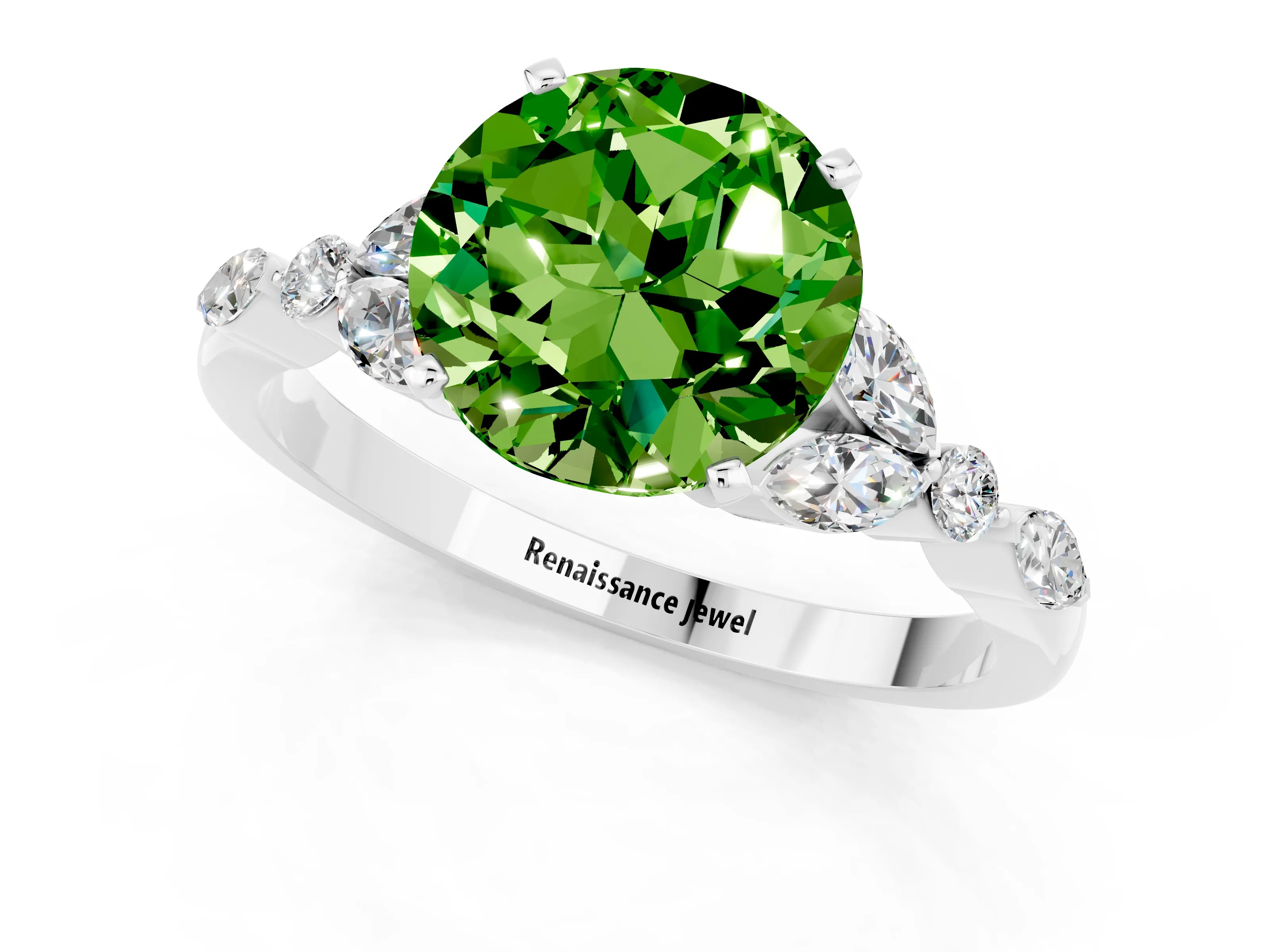 White gold Round Cut Peridot Solitaire Ring with Side Stones and Four-Prong Setting_13