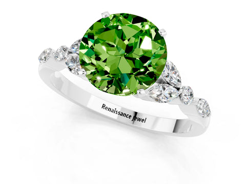 White gold Round Cut Peridot Solitaire Ring with Side Stones and Four-Prong Setting_13