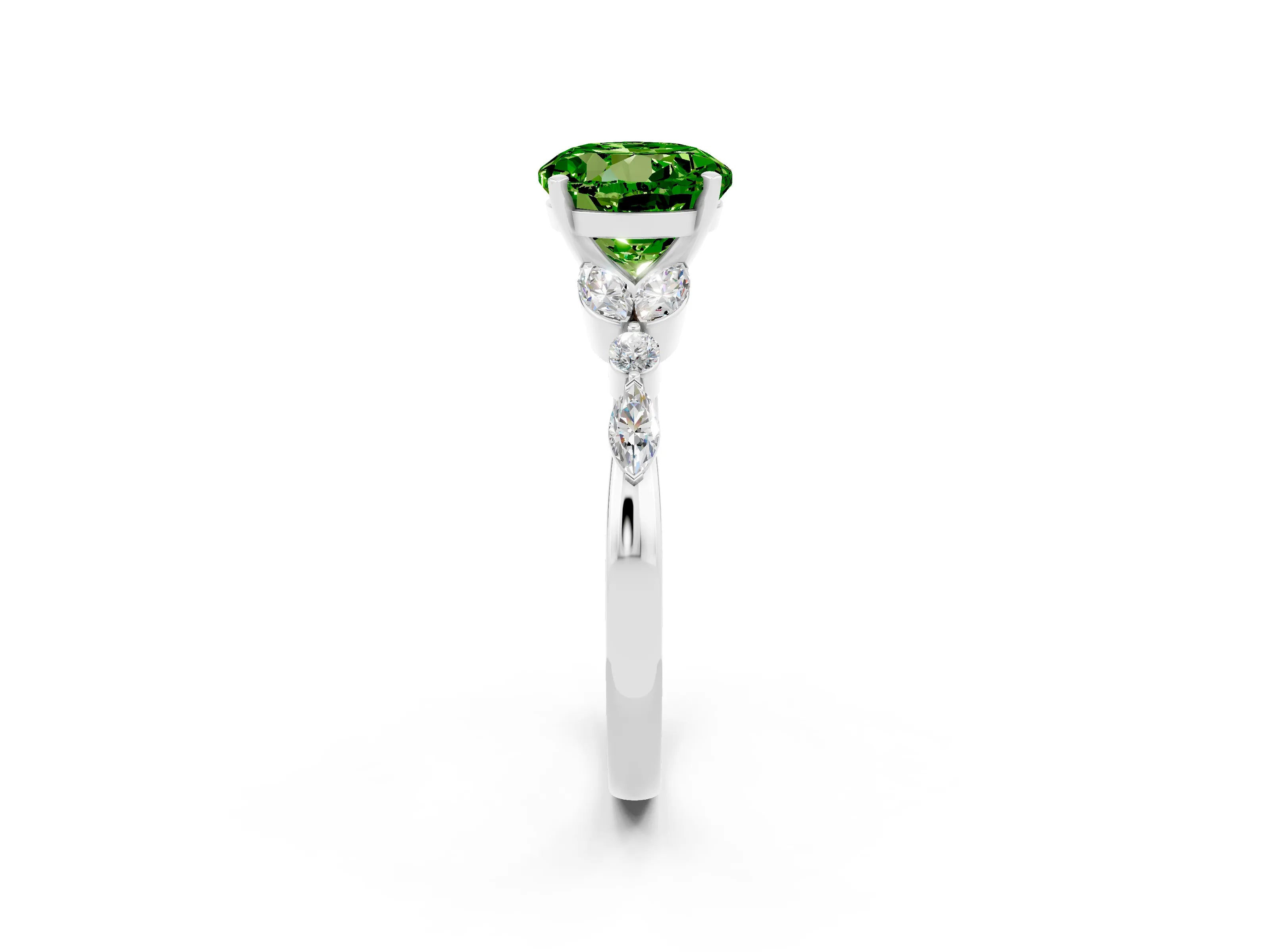 White gold Round Cut Peridot Solitaire Ring with Side Stones and Four-Prong Setting_14