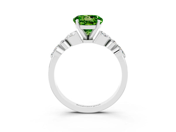 Platinum Round Cut Peridot Solitaire Ring with Side Stones and Four-Prong Setting