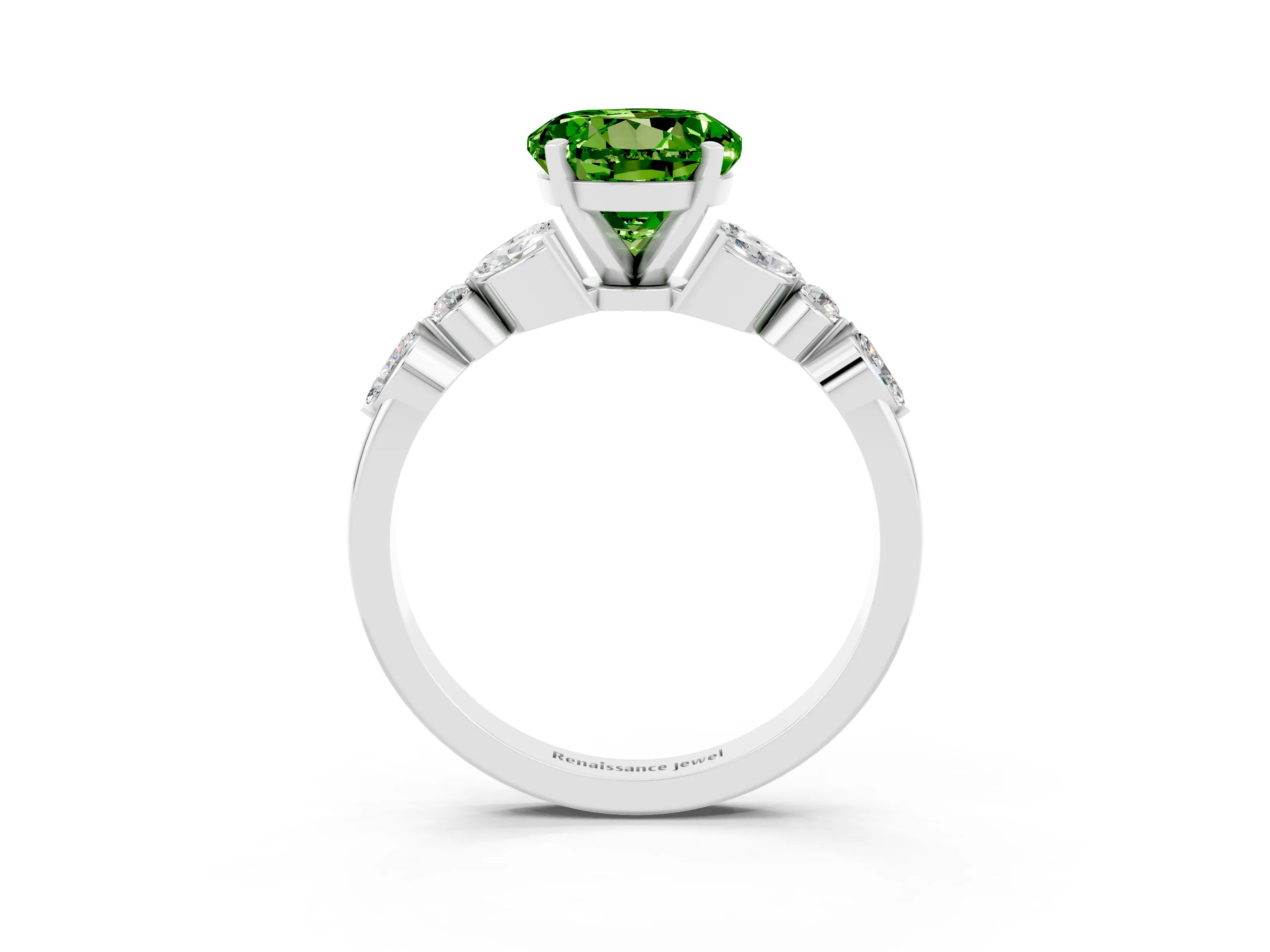 White gold Round Cut Peridot Solitaire Ring with Side Stones and Four-Prong Setting_15