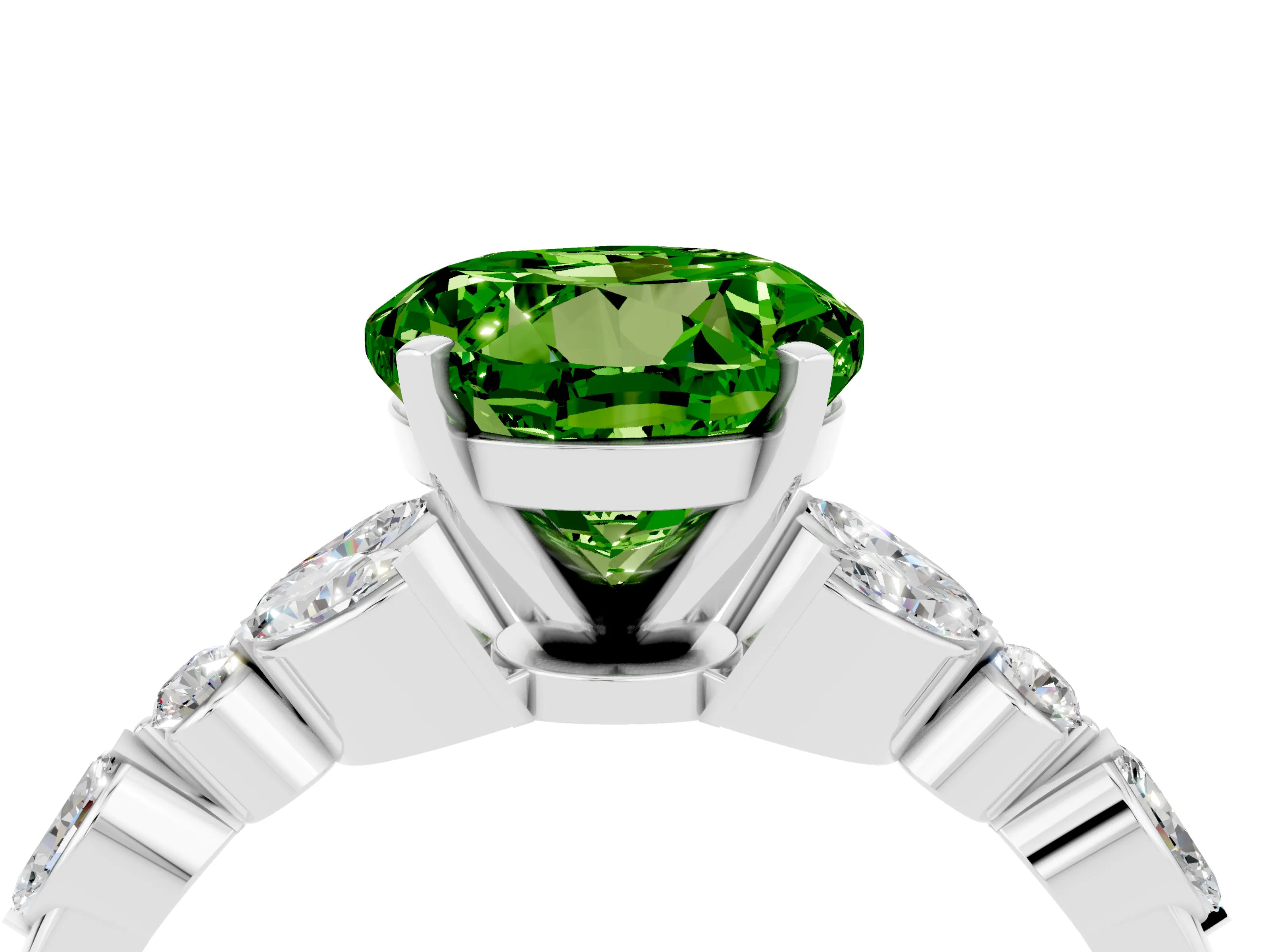 White gold Round Cut Peridot Solitaire Ring with Side Stones and Four-Prong Setting_16