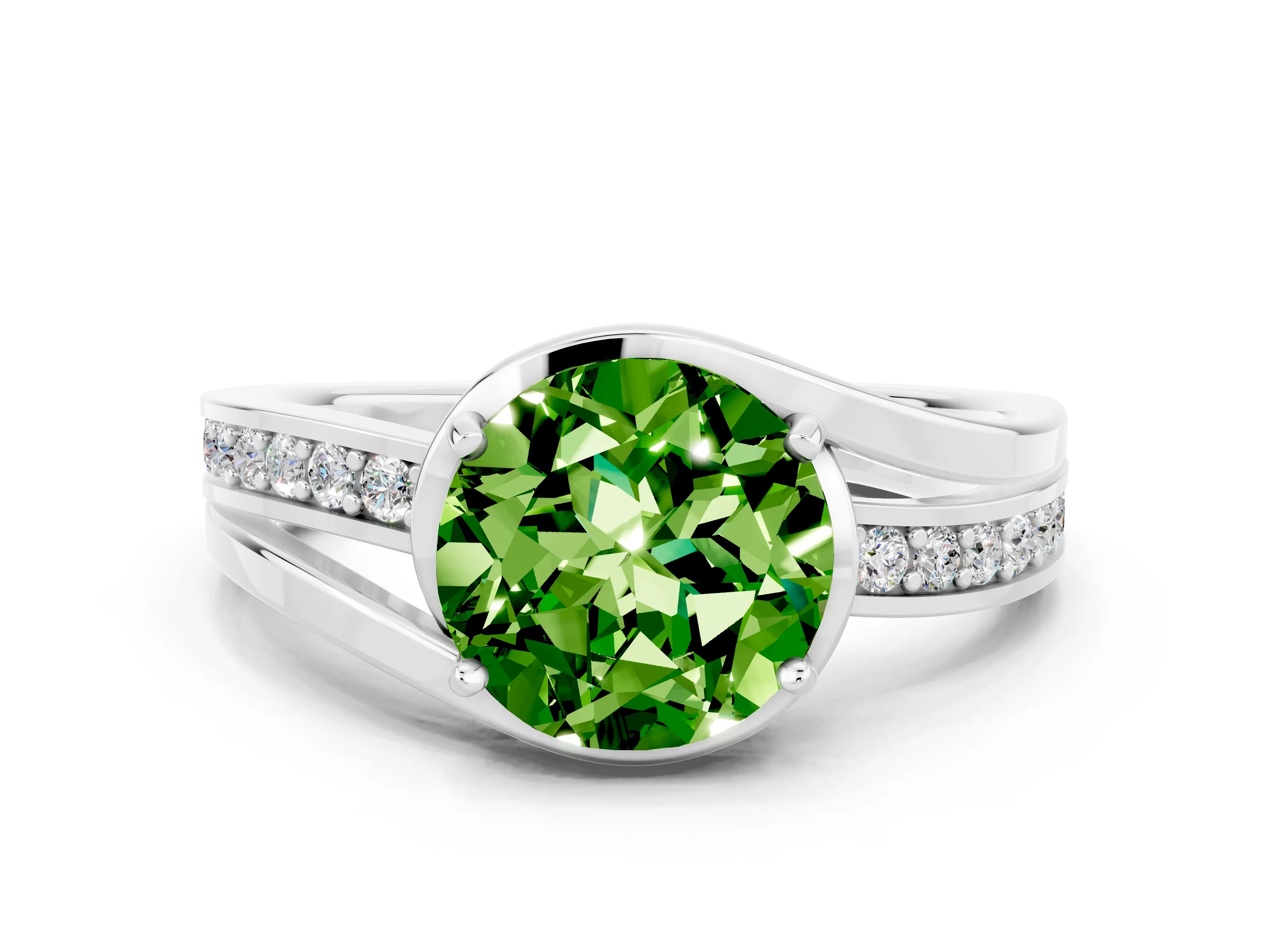White gold Round Cut Peridot Solitaire Ring with Split Shank and Prong Setting